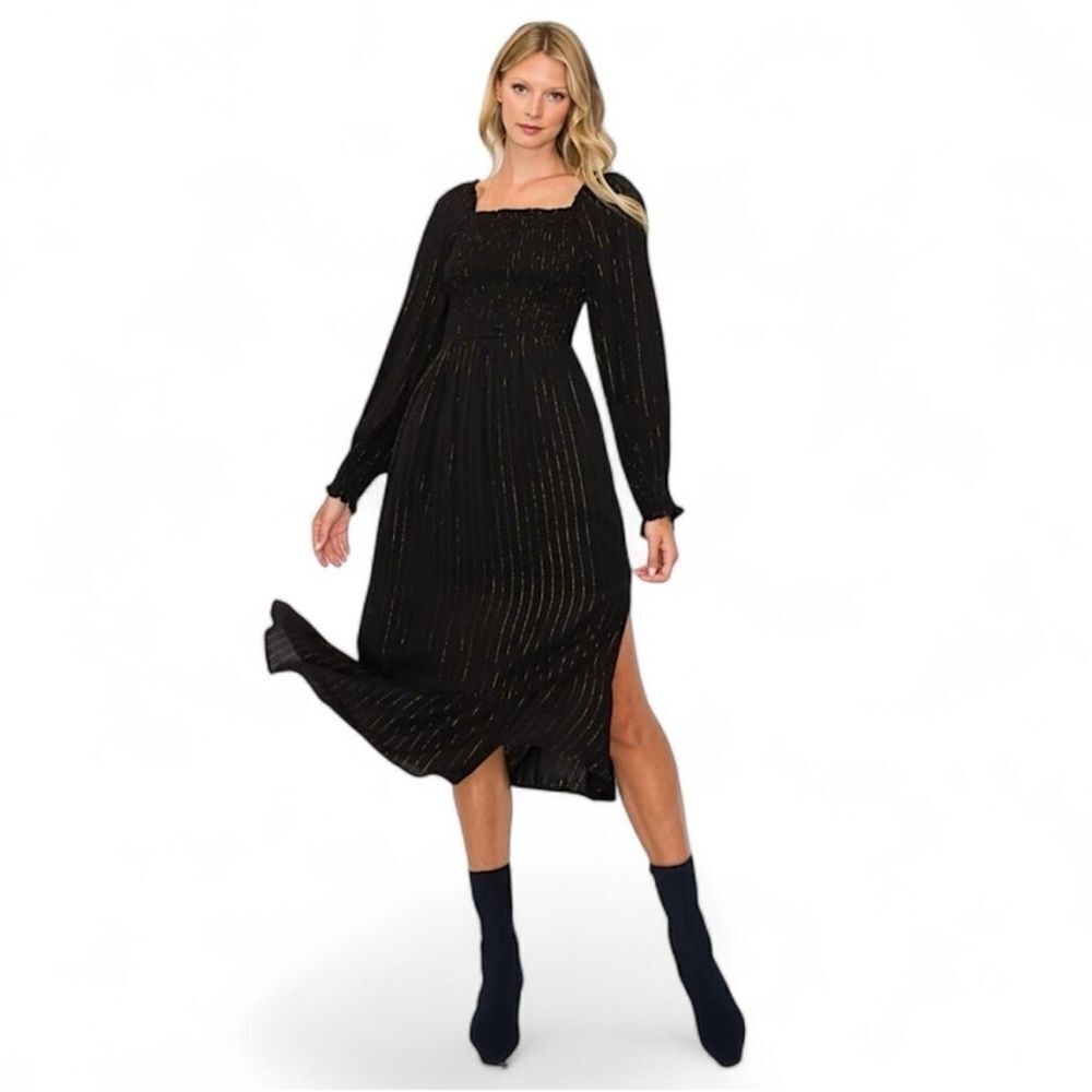 Nwt Oat New York Square Neck Smocked Dress In Black And Gold Size M